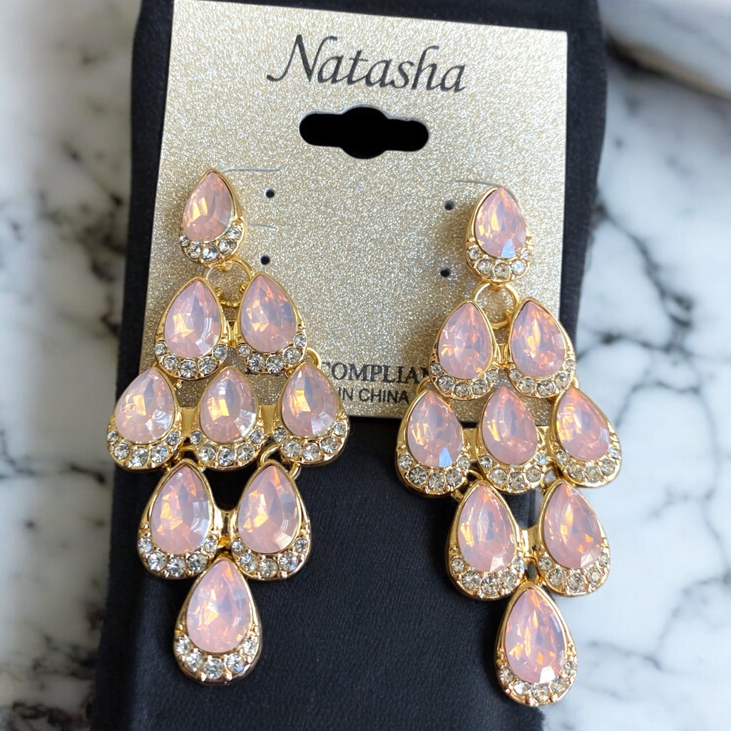 Nwt Natasha Pink Crystal Fringe Drop Dangle Earrings